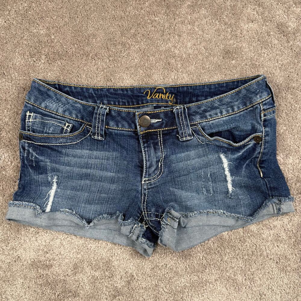 Vanity Low Rise Distressed Denim Shorts Cuffed Embroidered Pockets Size 29